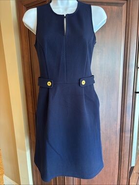 Tabitha Navy Sleeveless Sheath Dress with Yellow Gold Button Accents